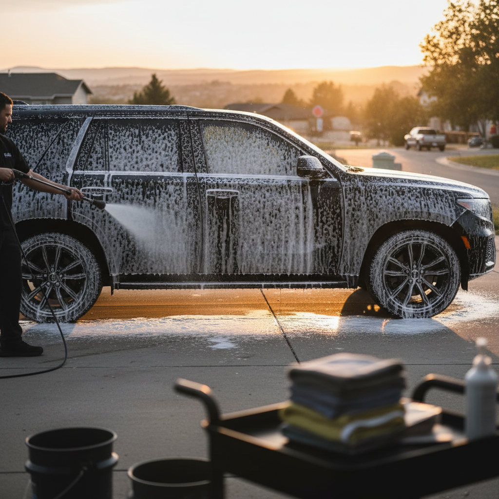 A black SUV covered in snow foam being washed in a residential driveway at golden hour.
