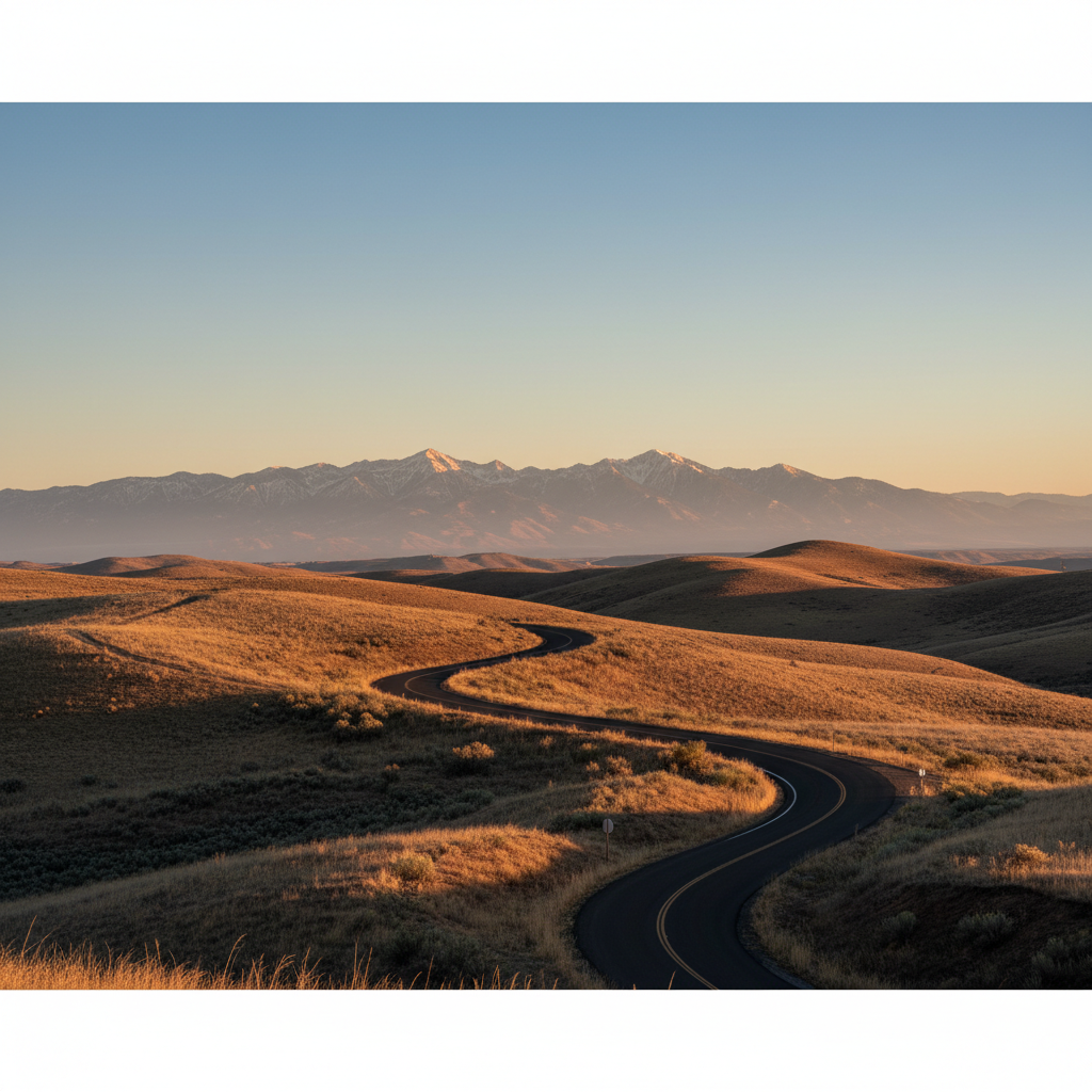 A winding Boise foothill road at golden hour, snow-tipped mountains in the distance.