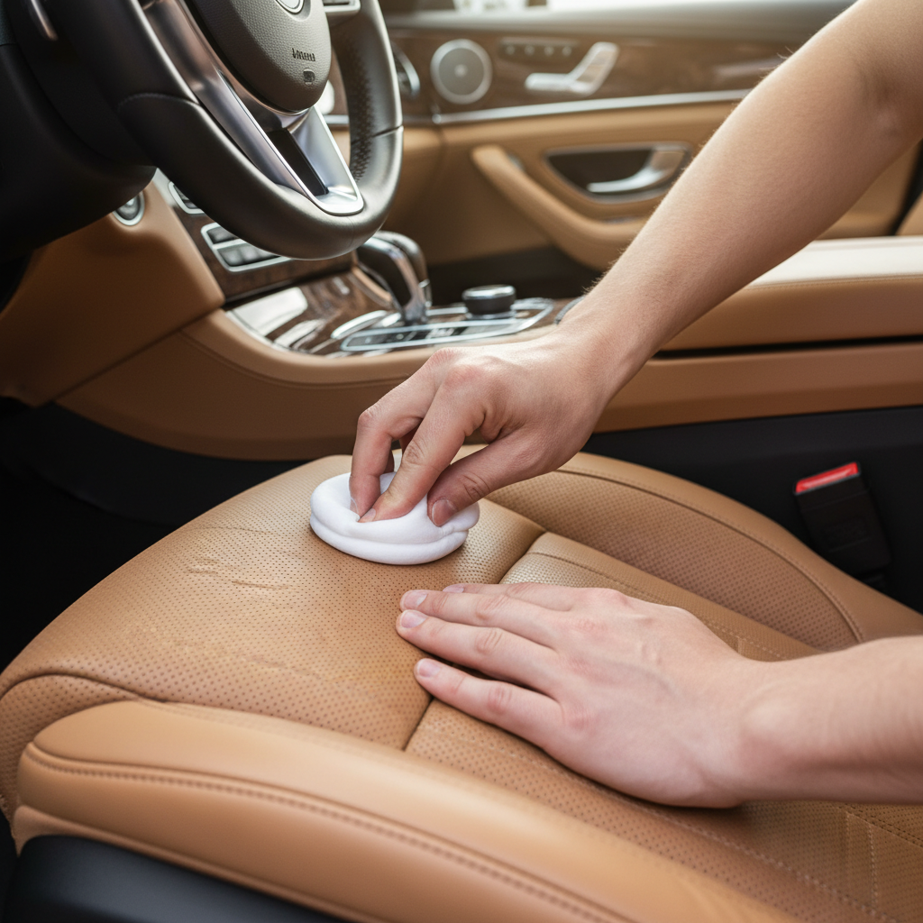 A hand conditioning a tan leather car seat with a microfiber applicator.